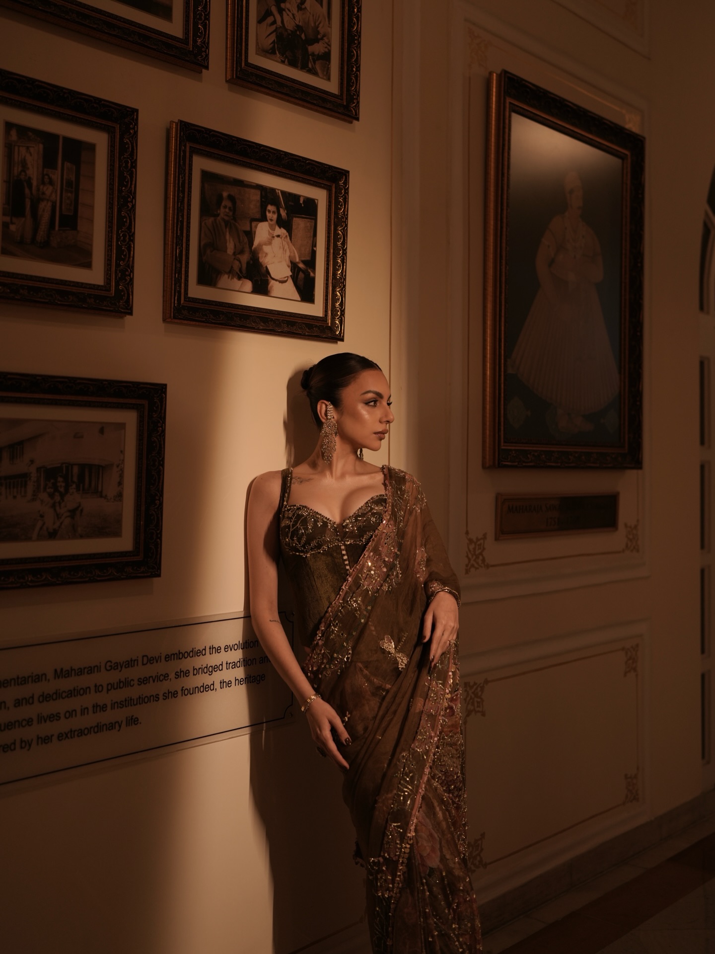 Nitibha Kaul makes an elegant statement in a deep brown saree adorned with intricate sequins and embellishments that add subtle sparkle to the look.
