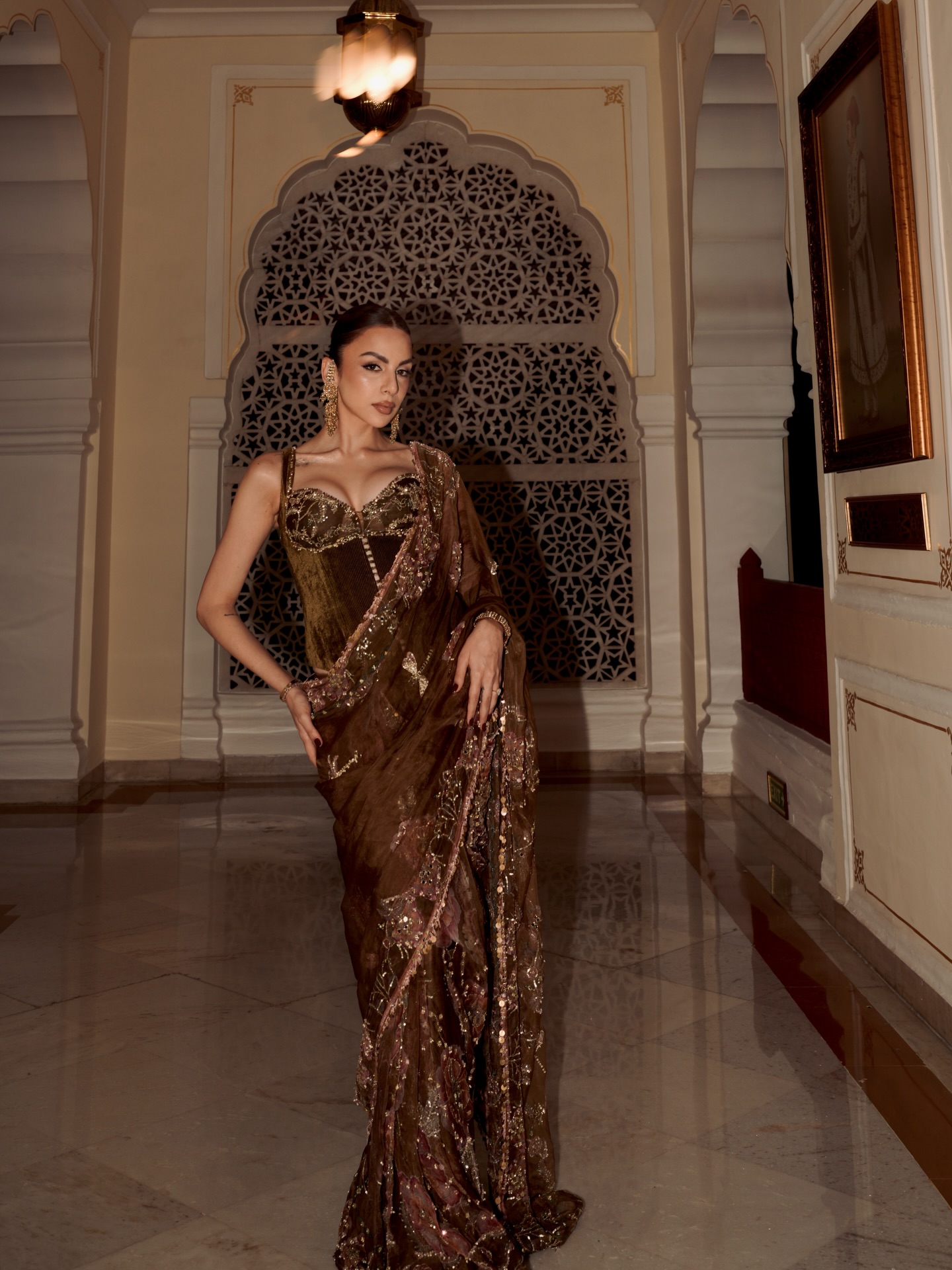 Nitibha Kaul lets the rich brown hue, shimmering embellishments, and graceful drape do all the talking, making this saree a standout festive pick.