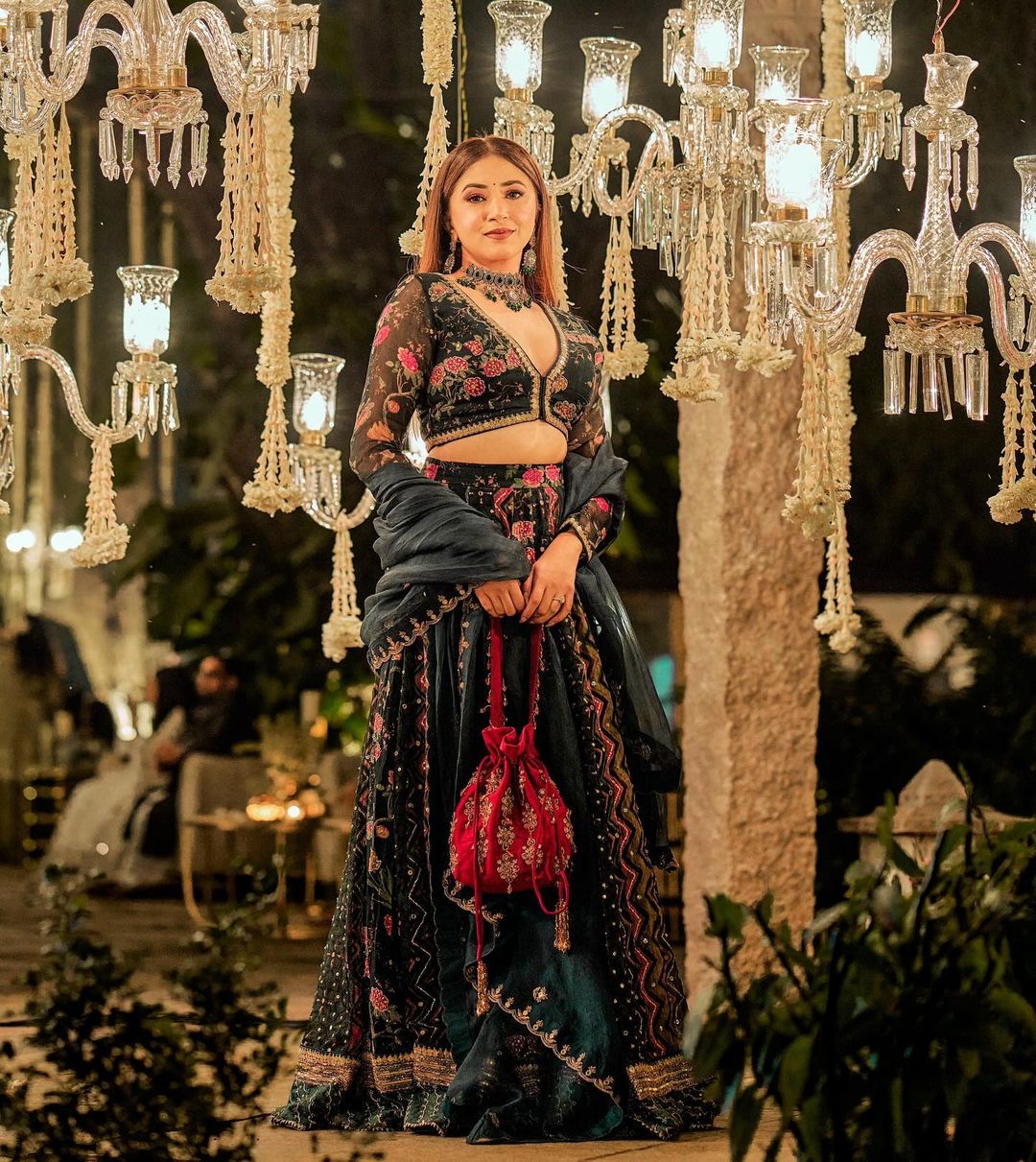 Trendsetting in a Floral Black and Green Lehenga