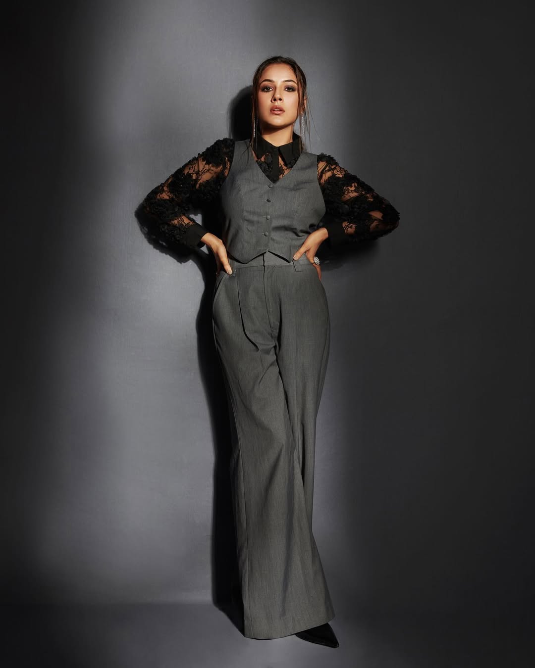 Shehnaaz Gill Brings Boss Lady Vibes in Grey Pantsuit