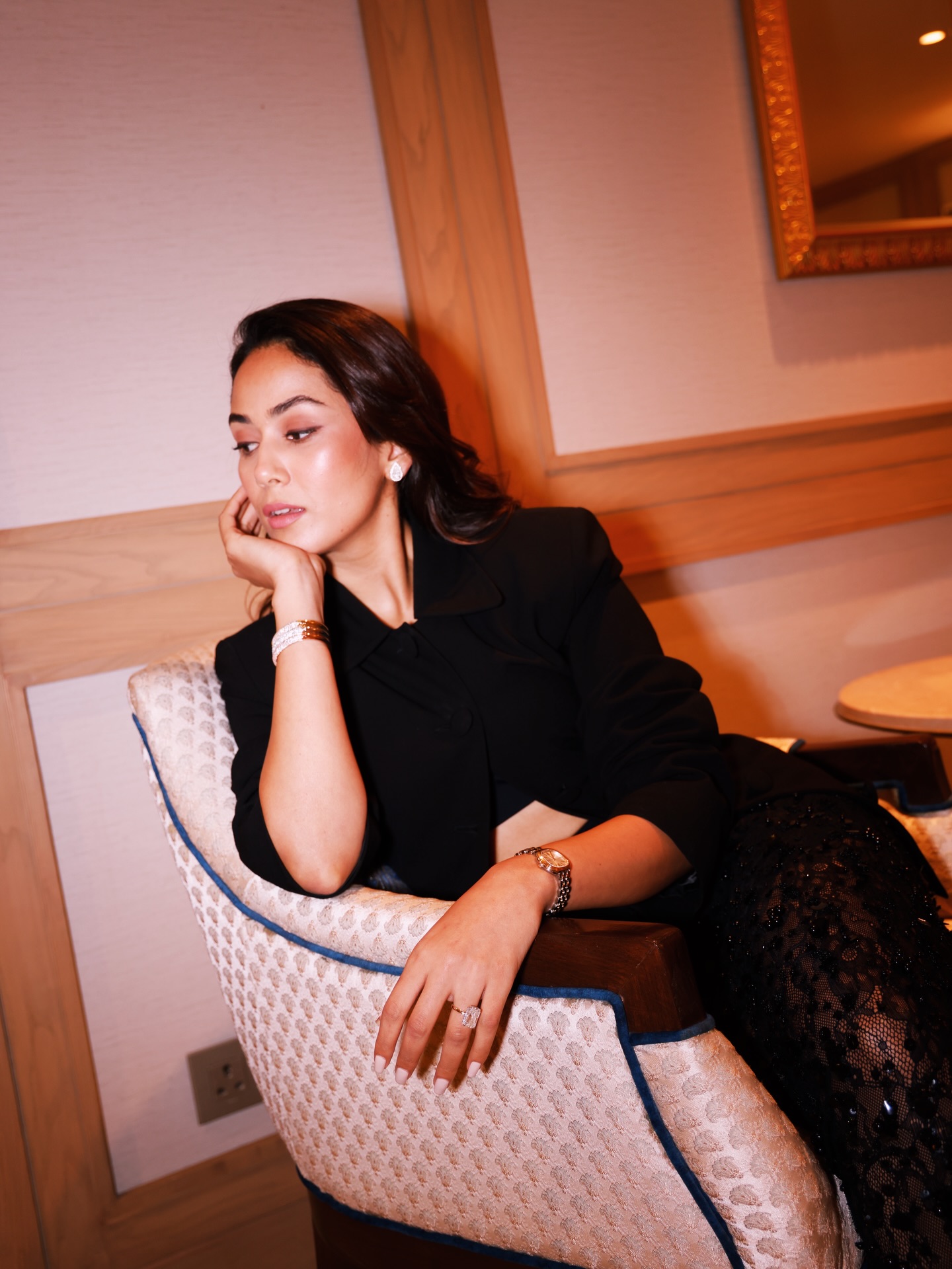 Mira Kapoor keeps it minimal with slim bracelets that add just enough shine without crowding the look.