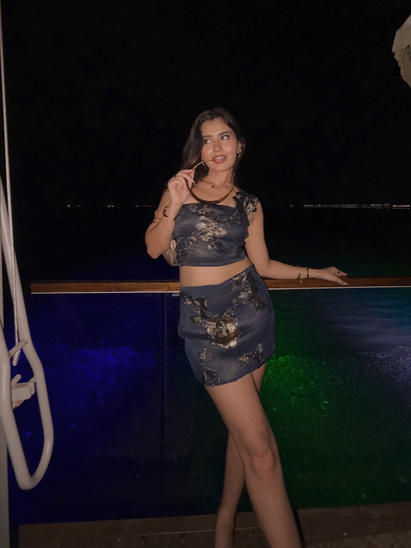 Akanksha Choudhary embraces the charm of evening fashion in a richly detailed ensemble that shines effortlessly under the lights.