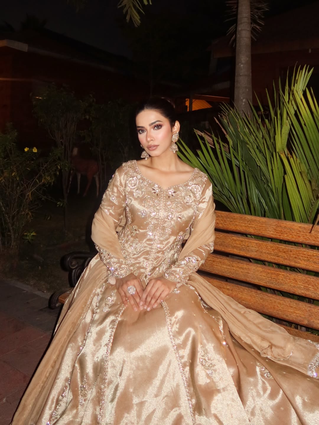 Nagma Mirajkar stuns in a champagne Anarkali with rich shine and a classic ballroom flair.