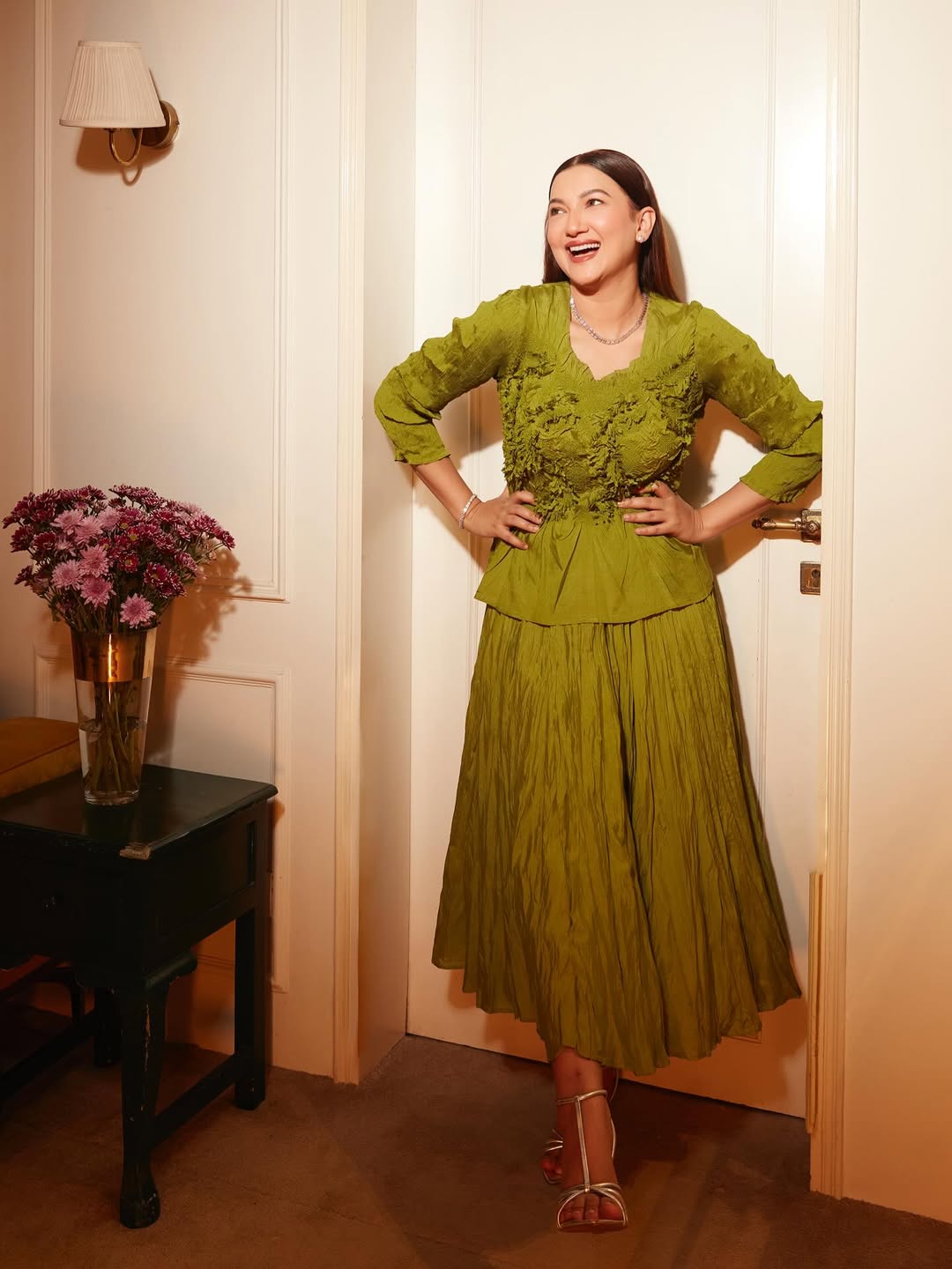 Gauahar Khan amps up the look with delicate strappy heels, adding a sleek, elevated finish to the relaxed outfit.